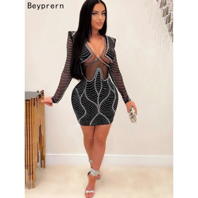 Beautiful Sheer Mesh Patchwork Sequins Short Party Dress Womens Glam Crystal Mini Dress Black Apricot 